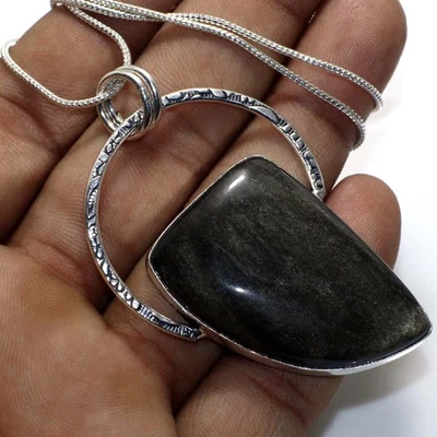 Collar de obsidiana de plata 925 exclusivo enchapado en plata talla 18" MJ Foto 1 de 3