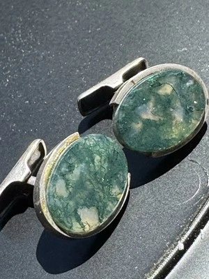 Gemelos vintage de ágata de musgo de plata de ley de FINLANDIA Foto 1 de 4