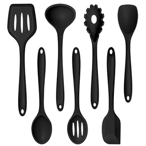 Silicone Cooking Utensil Set of 7, Black Kitchen Nonstick Tools Turner Spoon ... - Picture 1 of 7