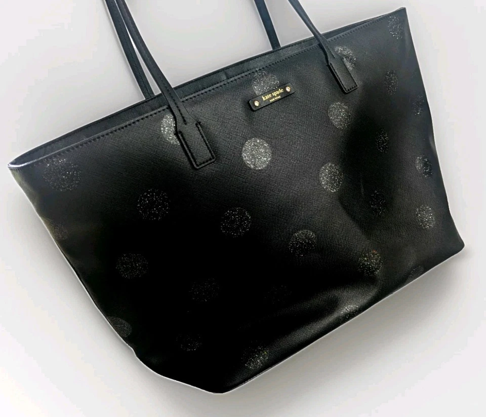 Kate Spade Haven Lane Glitter Polka Dot Black Vegan Large Tote Zip Top New York - Image 1 of 4