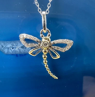 Dragonfly Diamond Pendant Necklace 14k Yellow Gold .925 Sterling Silver 16" 18" - Image 1 of 4