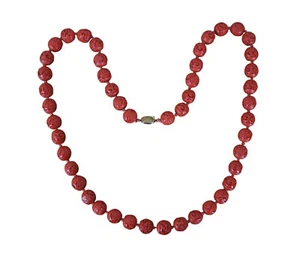 Vintage Chinese Chinoiserie Cinnabar Floral Carved Beaded Necklace 33” - Picture 1 of 7