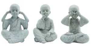 Set of 3 Light Grey Mottled 10cm Hear See Speak No Evil Buddha Monk Ornaments - Picture 1 of 6