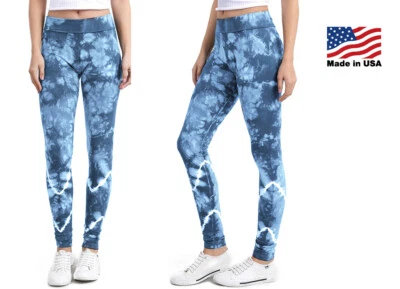 T Party Women's Leggings Blue Tie Dye Yoga Pants Yoga Cotton Made in USA - Image 1 of 4