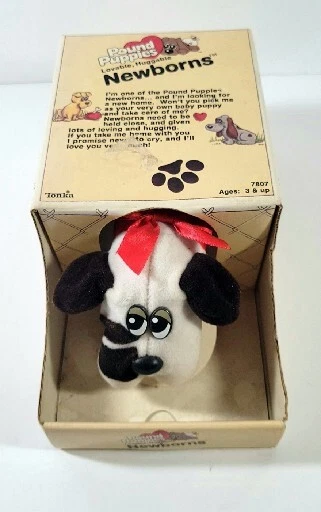 1985 Vintage Tonka Pound Puppies Newborns Doll Dog Plush w/ Box White Brown Spot
