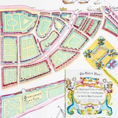 MANHATTAN NYC MAP 1664 DUKE'S PLAN FINE LITHOGRAPH HAND-DRAWN 1957 FULL COLOR  - Image 1 of 4