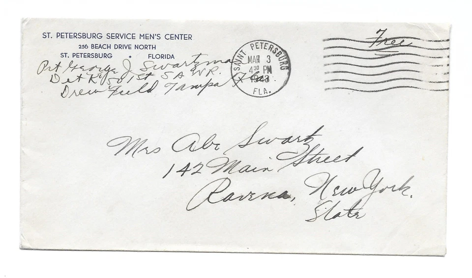 M3348 USA OLD COVER FLORIDA TO NEW YORK 1943 MILITARY DUTY - Image 1 of 1