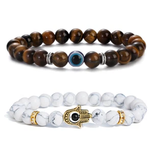 2Pcs Tiger Eye Blue Evil Eye White Turquoise Hamsa Bracelet Elastic Lucky Bangle - Picture 1 of 12