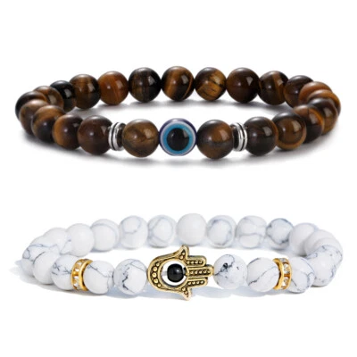 2Pcs Tiger Eye Blue Evil Eye White Turquoise Hamsa Bracelet Elastic Lucky Bangle - Image 1 of 4