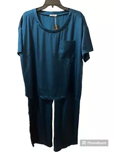 Ekouaer Pajamas NWT Teal Satin Size XL  T Shirt Pull On Pants Luxury Sexy - Picture 1 of 11