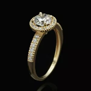 14K Yellow Gold 1.51 TCW Round Cut Created Diamond Halo Engagement Ring SIZE 6 - Picture 1 of 3