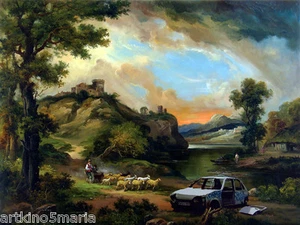 BANKSY BUCOLIC LANDSCAPE & THE ABANDONED CAR GRAFFITI GICLEE PRINT FINE CANVAS - Picture 1 of 4