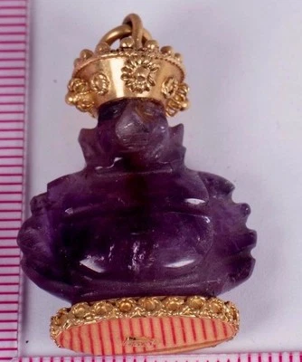  18K Yellow Gold Amethyst Buddha Pendant with Gold Crown and Base - Image 1 of 4