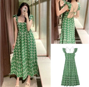 ZARA grün bestickt Blumenmuster Rüsche offener Rücken Maxikleid Größe L 14 12 - Bild 1 von 7
