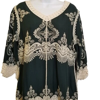 Est. Blusa top feminina 1946 M verde boho casa de campo bordada acabamento em renda crochê - Imagem 1 de 4