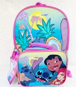 Disney Lilo Stitch Girls School Backpack Insulated Lunch Box Book Bag Set 16" - Picture 1 of 2