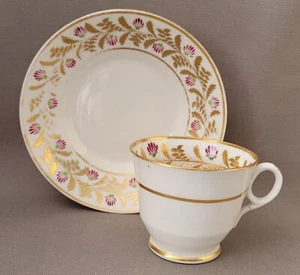 NEW HALL PUCE FLOWERS & GOLD COFFEE CUP & SAUCER C1815-25 PAT PRELLER COLLECTION - Picture 1 of 15