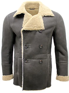 Men's Olive Khaki Double Breasted Real Sheepskin Pea Coat - Picture 1 of 9
