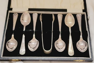 Vintage Set of 7 England Demitasse Silver Plate Spoon & Sugar Cube Tongs Boxed - Picture 1 of 11