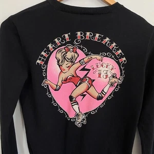 Lucky 13 Cardigan Women Sz Medium Black Burlesque Pin Up Girls Heartbreaker Y2K - Picture 1 of 11