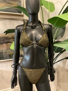 Black/Gold Shimmery Bikini with Charming Bikinis Small Black Rhinestone Charm! - Picture 1 of 4