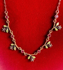 Enamel Flower Motif Pink Rhinestones Necklace Flower Rose Copper Chain Vintage - Picture 1 of 10