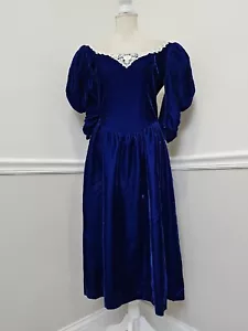 VTG 80’sGunne Sax Jessica McClintock Velvet Royal Blue Dress/Lace Collar/Puff Sl - Picture 1 of 13