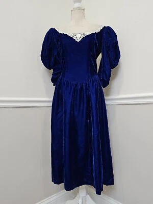 Vestido/cuello de encaje/puff Sl de terciopelo azul real Jessica McClintock de colección años 80 Gunne Sax Foto 1 de 4