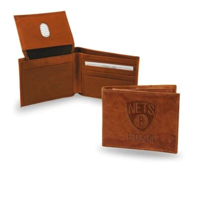 Brooklyn Nets NBA Embossed Team Logo Brown Leather Billfold Wallet - Image 1 of 4