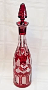 ANTIQUE BOHEMIAN DECANTER & STOPPER BOTTLE RUBY TO CLEAR MULTI-MOTIF - Picture 1 of 12