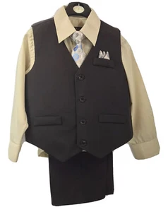 K.C. Collection Boys 4 Piece Vest Set Brown & Khaki Shirt Tie Hanky Sizes 5 -6 - Picture 1 of 5