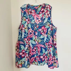 Woman Within Übergröße 2X 26/28 Tanktop tropisch Chiffon Trapez Blumenmuster blau - Bild 1 von 5