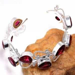 Pink Rubellite Gemstone 925 Sterling Silver Jewelry Adjustable Cuff Bracelet - Picture 1 of 1