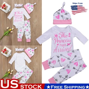 4 Pcs Baby Girls Pants Set Infant Letter Romper Arrow Heart Pants Hats Clothes - Picture 1 of 9