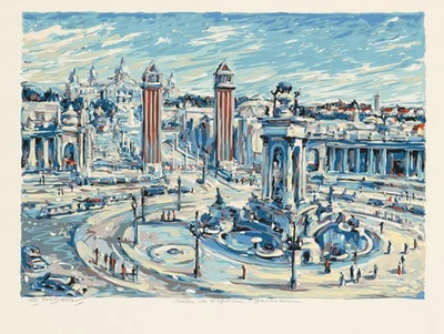 C. SCHELLER (20.Jhd), Plaza de España, Barcelona, Siebdruck Expressionismus Stad - Bild 1 von 4