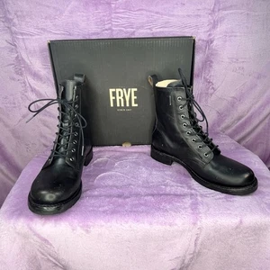 Frye Damenstiefel Größe US 9 antikschwarz Combat Schnürung 8 Ösen abgenutzt kantig - Bild 1 von 12