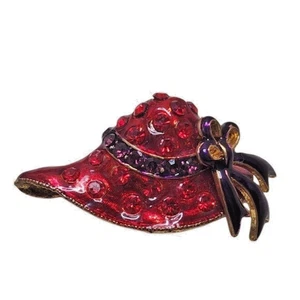 VINTAGE 80’S RED ENAMEL RHINESTONE HAT BROOCH WITH BOW COSTUME JEWELRY - Picture 1 of 6