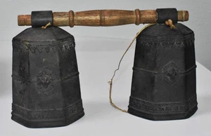 Antique Old Bronze Tibetan Temple Bells on Wooden Yoke - Picture 1 of 10