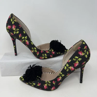 Y2K Betsey Johnson Black Rose Floral Heels Pumps Tassel Poms 4” Stiletto Sz 9.5 - Image 1 of 4