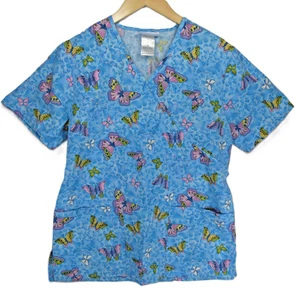 SB Scrubs Women's Blue Size S Scrub Top Butterflies V-neck Pockets Ties in Back - Picture 1 of 8