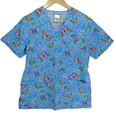 SB Scrubs Women's Blue Size S Scrub Top Butterflies V-neck Pockets Ties in Back - Image 1 of 4