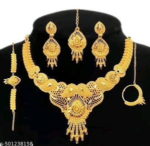 Antik Gold Halsreif schwere Halskette Rajasthani Stil Ohrringe Nathni Mangtika Set - Bild 1 von 4