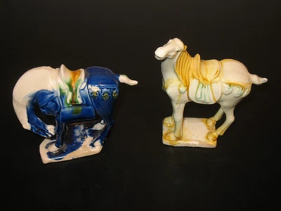 Vintage Chinese Tang Dynasty Drip Style Glaze Ceramic War Horse Lot White Blue - Image 1 of 4