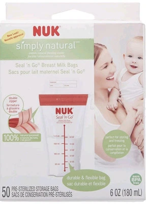 Nuevas bolsas de almacenamiento de leche materna Nuk Simply Natural 6 OZ sin BPA 50 quilates Foto 1 de 3