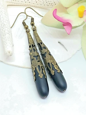 Antique Style Opaque Black & Bronze Long Teardrop Sea Glass Earrings - Image 1 of 3