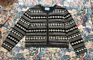 Vintage 1980s Black Gold Beaded Harlequin Deco Pattern Sz M Cardigan Jacket - Picture 1 of 6
