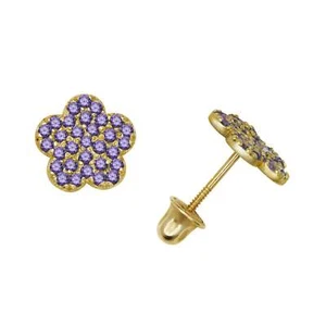 14k Yellow or White Gold CZ Flower Birthstone Stud Screw Back Earrings - Picture 1 of 24