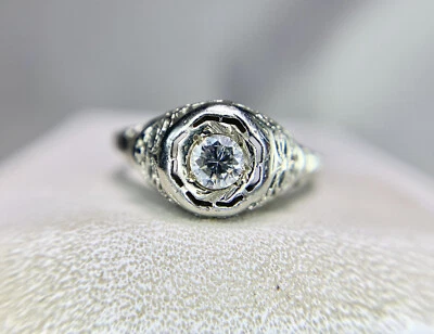 Art Deco 18k White Gold Natural Old Cut Round Diamond Filigree Engagement Ring - Image 1 of 4
