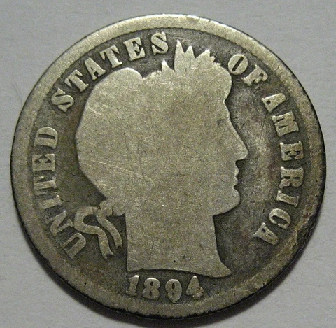= 1894 Good BARBER DIME, Nice Looking Coin, FREE Shipping Cover
