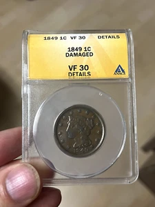 1849 Braided Hair Large Cent ANACS VF30 Details – N-5 Variety – Damaged 1C Coin - Picture 1 of 2